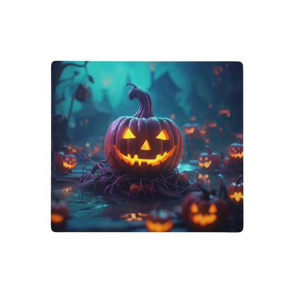 A glowing orange jack-o-lantern print on a pumpkin glow halloween mouse pad with cozy festive fabric design