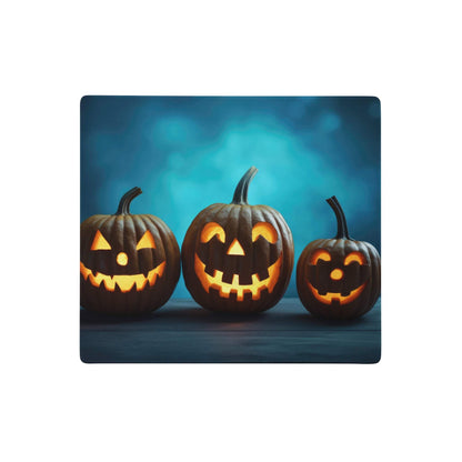Halloween pumpkin glow mouse pad featuring three carved glowing orange pumpkins on a dark surface with blue backdrop