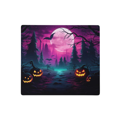Neon halloween forest mouse pad with glowing orange jack o lanterns purple and pink moonlit forest and dark pine trees