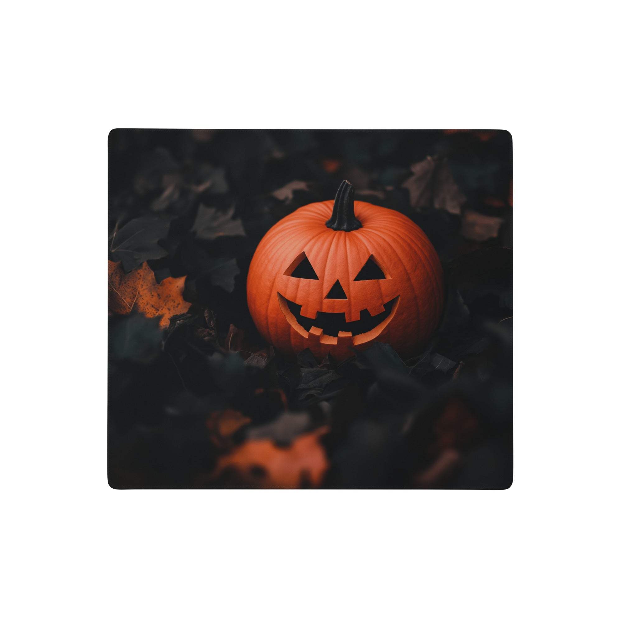 Orange carved Halloween pumpkin moody mouse pad with glossy surface black stem for spooky gaming desk decor
