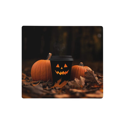 Black coffee cup with orange jack o lantern face design on moody autumn halloween gaming mouse pad orange and black