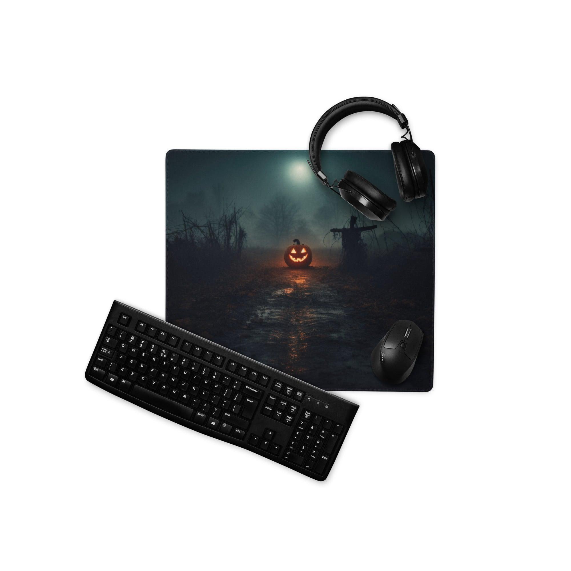 Black Halloween gaming mouse pad with glowing jack-o-lantern path