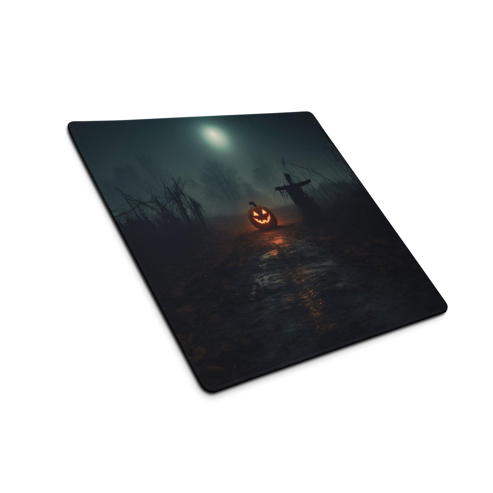 Black rectangular Halloween gaming mouse pad with orange pumpkin, scarecrow, full moon