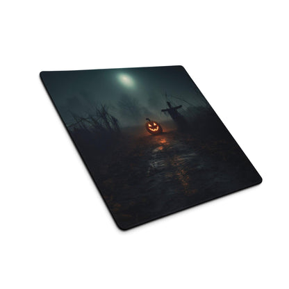 Black rectangular Halloween gaming mouse pad with orange pumpkin, scarecrow, full moon
