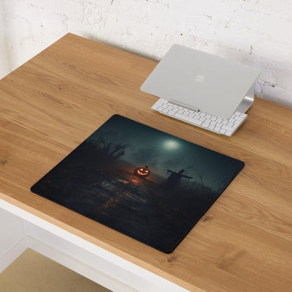Black Halloween gaming mouse pad with glowing jack-o-lantern scarecrow moon