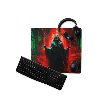 Black gaming mousepad with vivid red green demonic figure design