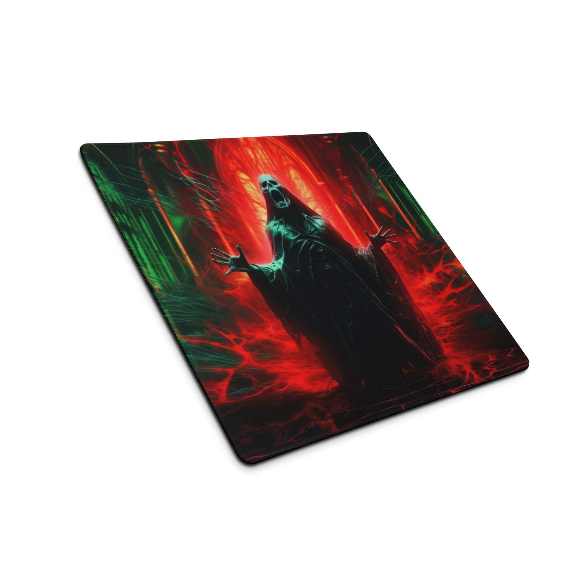 Dark gothic neon Death Eater gaming mousepad with red green glow