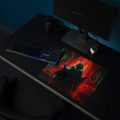 Dark gothic neon red green gaming mouse pad with hooded figure fiery backdrop