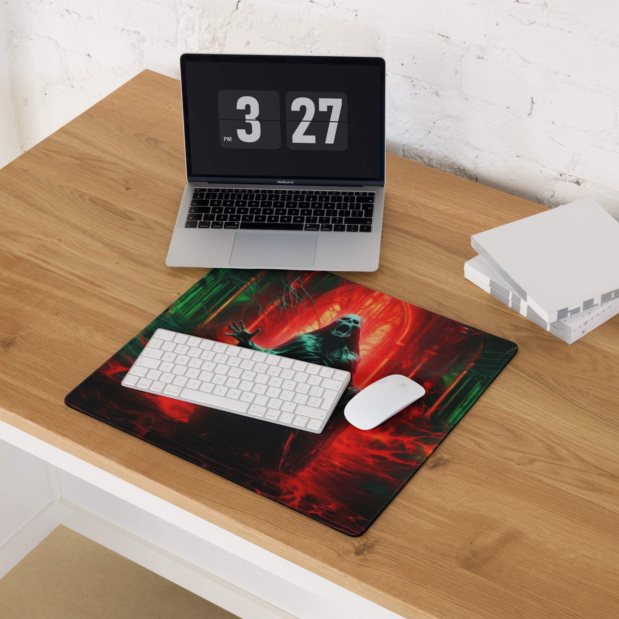 Dark Gothic Neon Red Green Gaming Mouse Pad with Creature Design on Desk