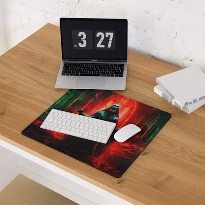 Dark Gothic Neon Red Green Gaming Mouse Pad with Creature Design on Desk