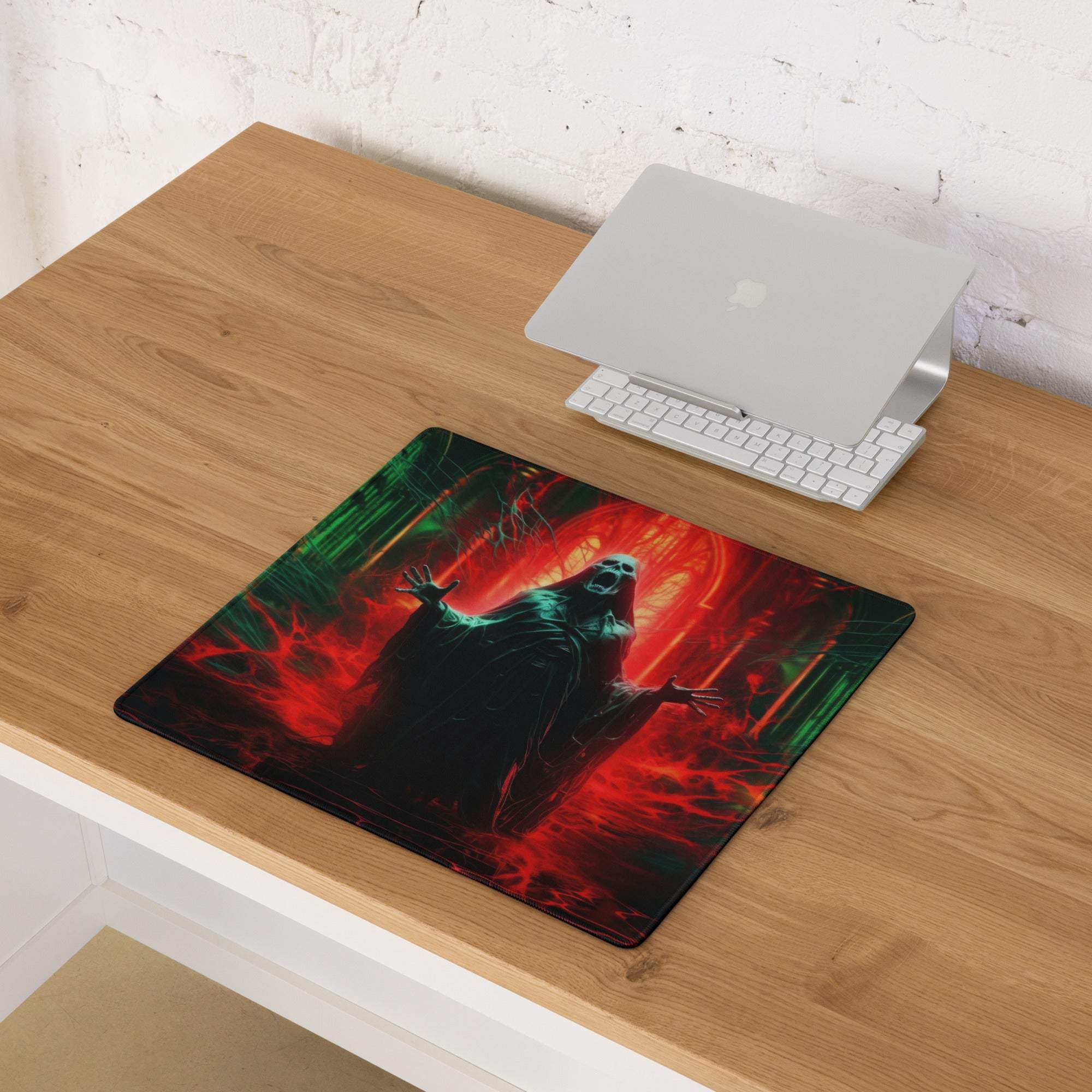 Dark gothic neon red green gaming mousepad with ghostly figure