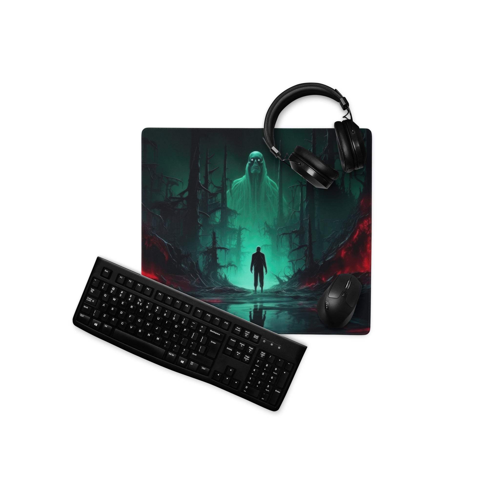 Epic dark fantasy neon green forest gaming mouse pad with eerie ghostly scene