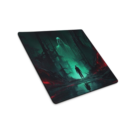 Dark green red fantasy gaming mousepad with spectral haunted forest figure