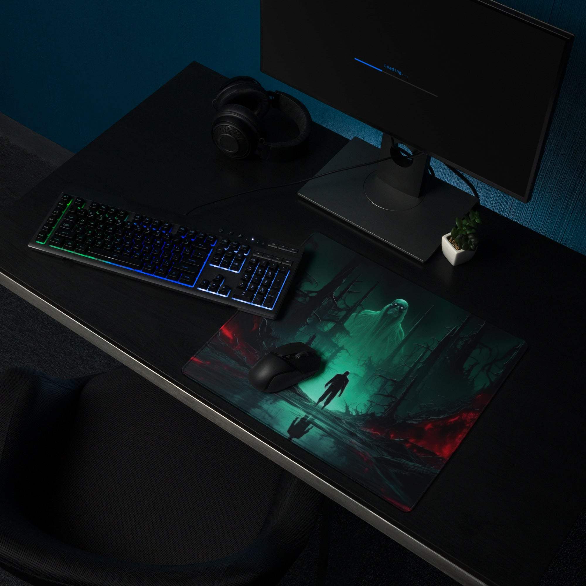 Epic dark fantasy neon green forest gaming mouse pad with ghostly figure