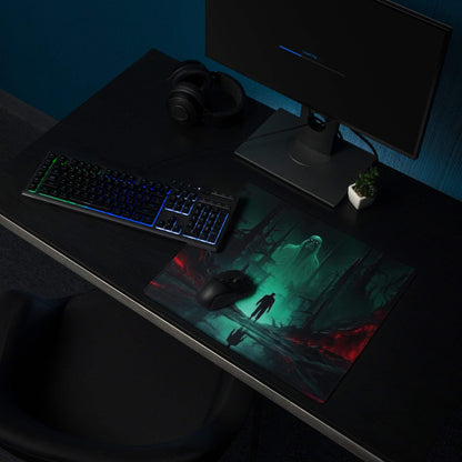 Epic dark fantasy neon green forest gaming mouse pad with ghostly figure