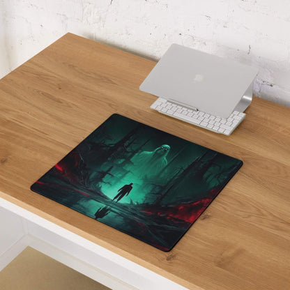 Epic dark fantasy neon green forest gaming mouse pad with eerie silhouette scene