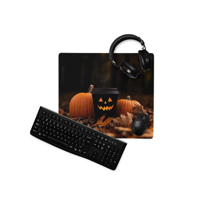 Black Halloween gaming mouse pad with jack-o-lantern coffee cup and pumpkins