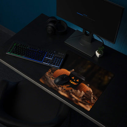Halloween gaming mouse pad with orange pumpkins, black jack-o-lantern, glossy finish