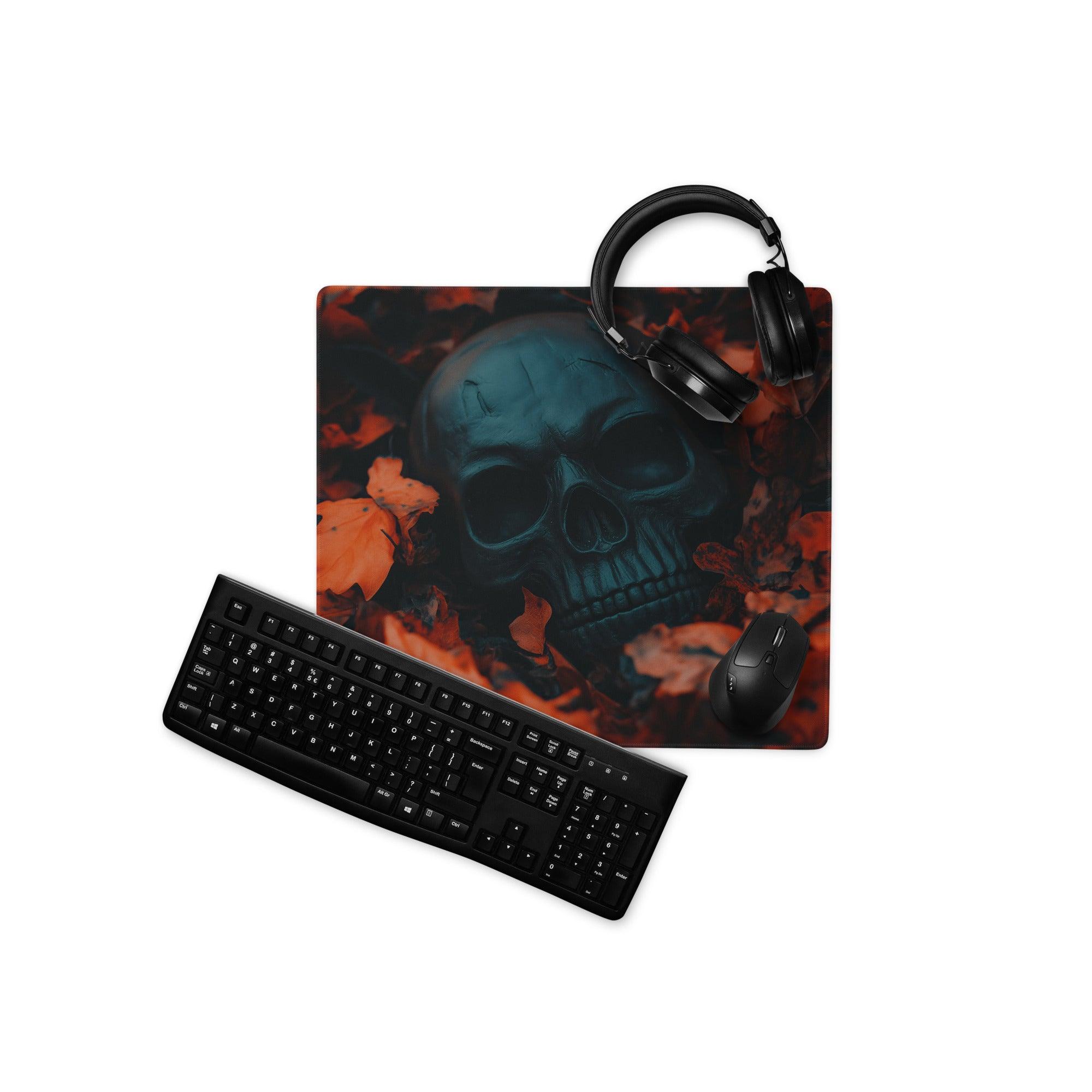Gothic skull gaming mouse pad with autumn leaves, fiery orange design