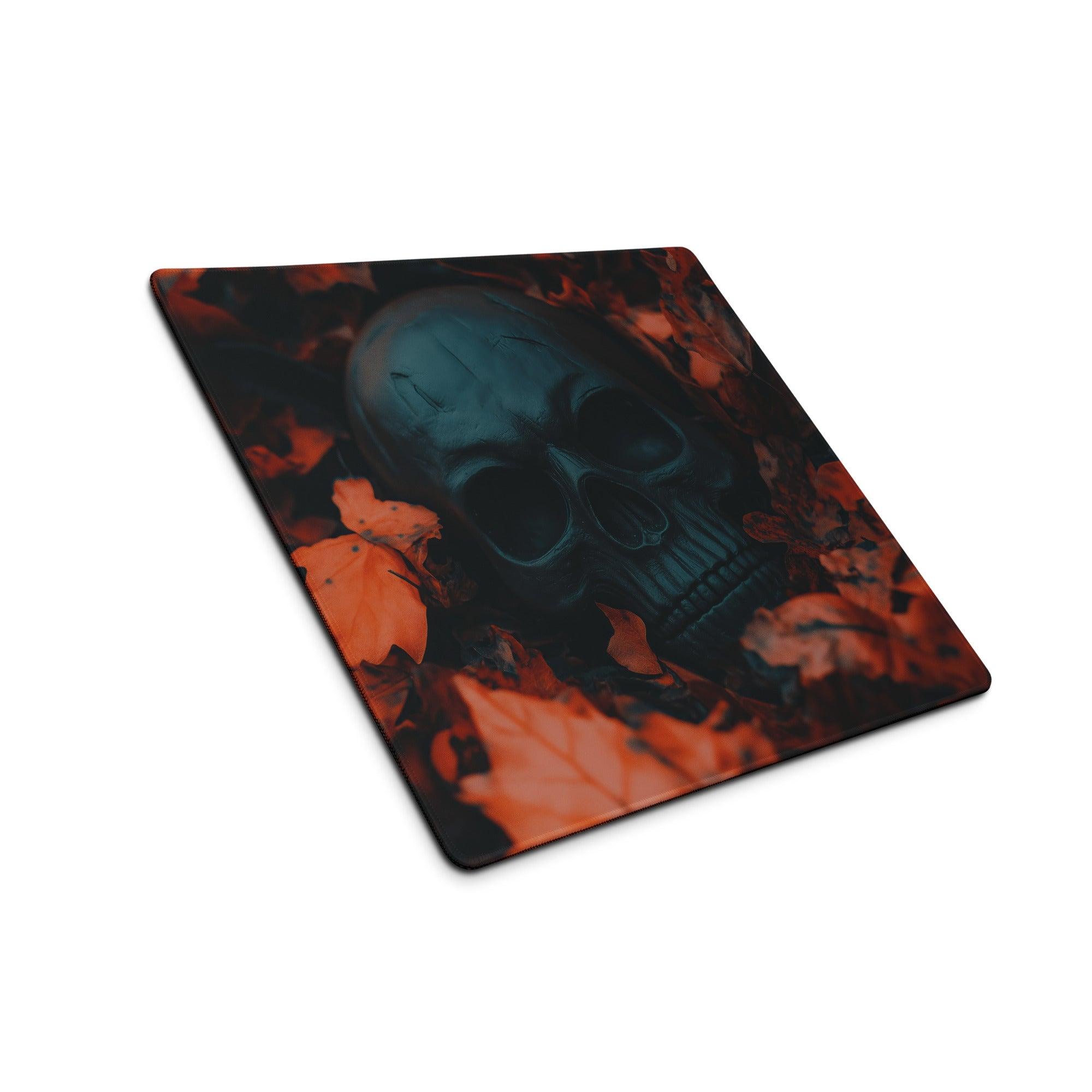 Gothic skull among autumn leaves gaming mouse pad, dark teal skull and orange leaves