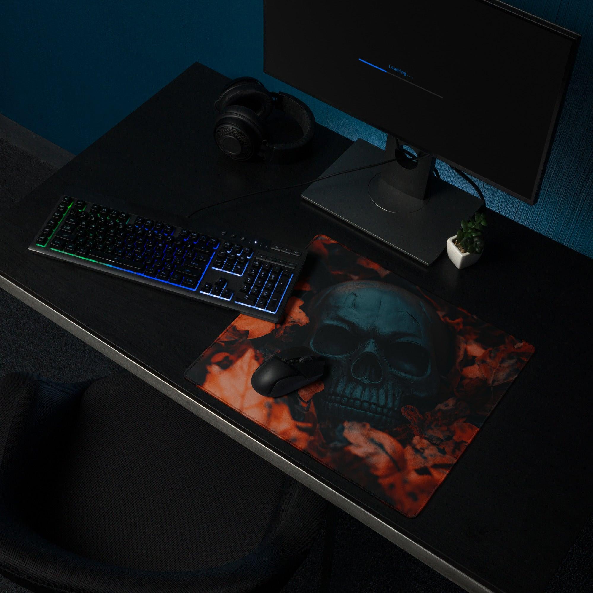 Black gaming mousepad with gothic skull in fiery flames and autumn leaves