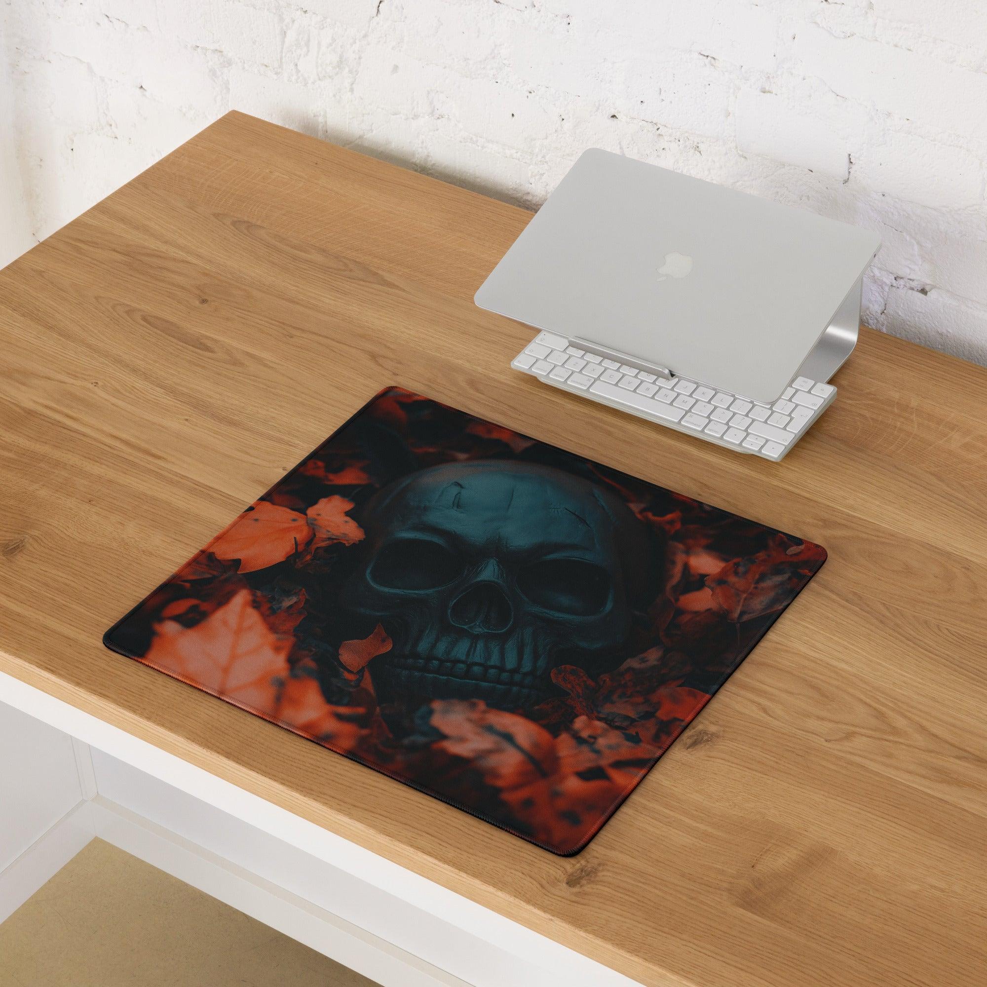 Gothic skull autumn leaves gaming mouse pad on wooden desk