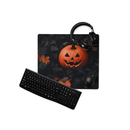 Black Halloween pumpkin jack-o-lantern gaming mouse pad with dark leaves