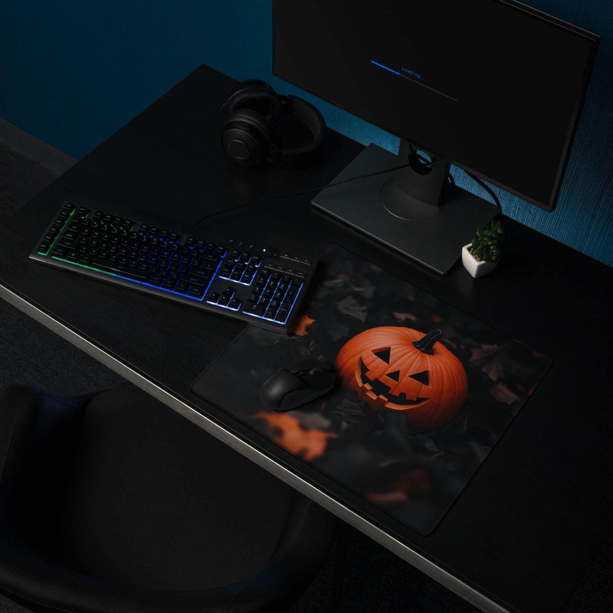 Halloween pumpkin moody dark large gaming mouse pad with orange jack-o-lantern