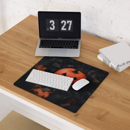 Black Halloween pumpkin mousepad with carved face, leaves, edge stitching, non-slip backing