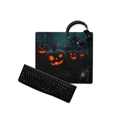 Black Halloween pumpkin gaming mouse pad with glowing jack-o-lantern forest