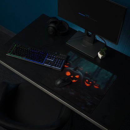 Black Halloween pumpkin gaming mouse pad with glowing jack-o-lanterns