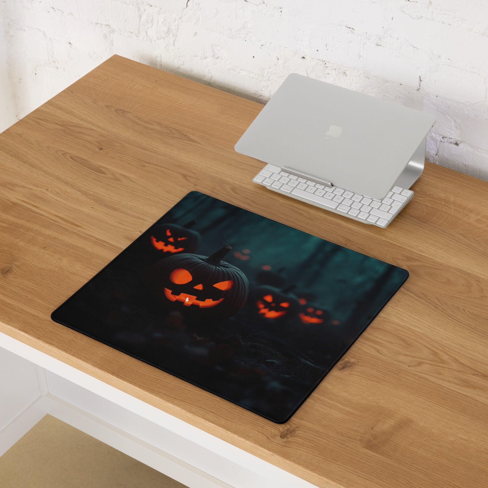 Moody Halloween pumpkin night gaming mouse pad with glowing jack-o-lanterns