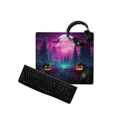 Neon Halloween forest gaming mouse pad with purple pink glow, jack-o-lanterns, bats