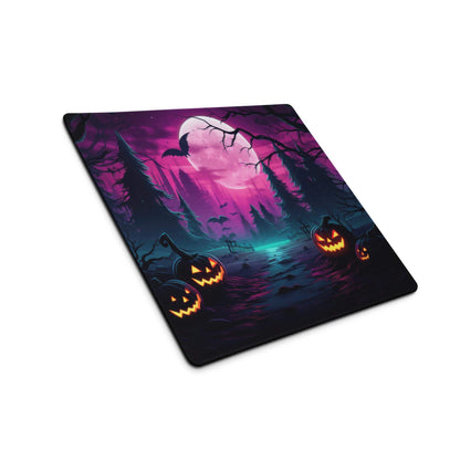 Neon Halloween forest gaming mouse pad with glowing jack-o-lanterns