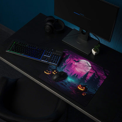 Neon Halloween forest gaming mouse pad with purple moonlit scene, jack-o-lanterns, non-slip base