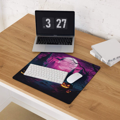 Neon Halloween forest gaming mouse pad with bats pumpkins moon non-slip base