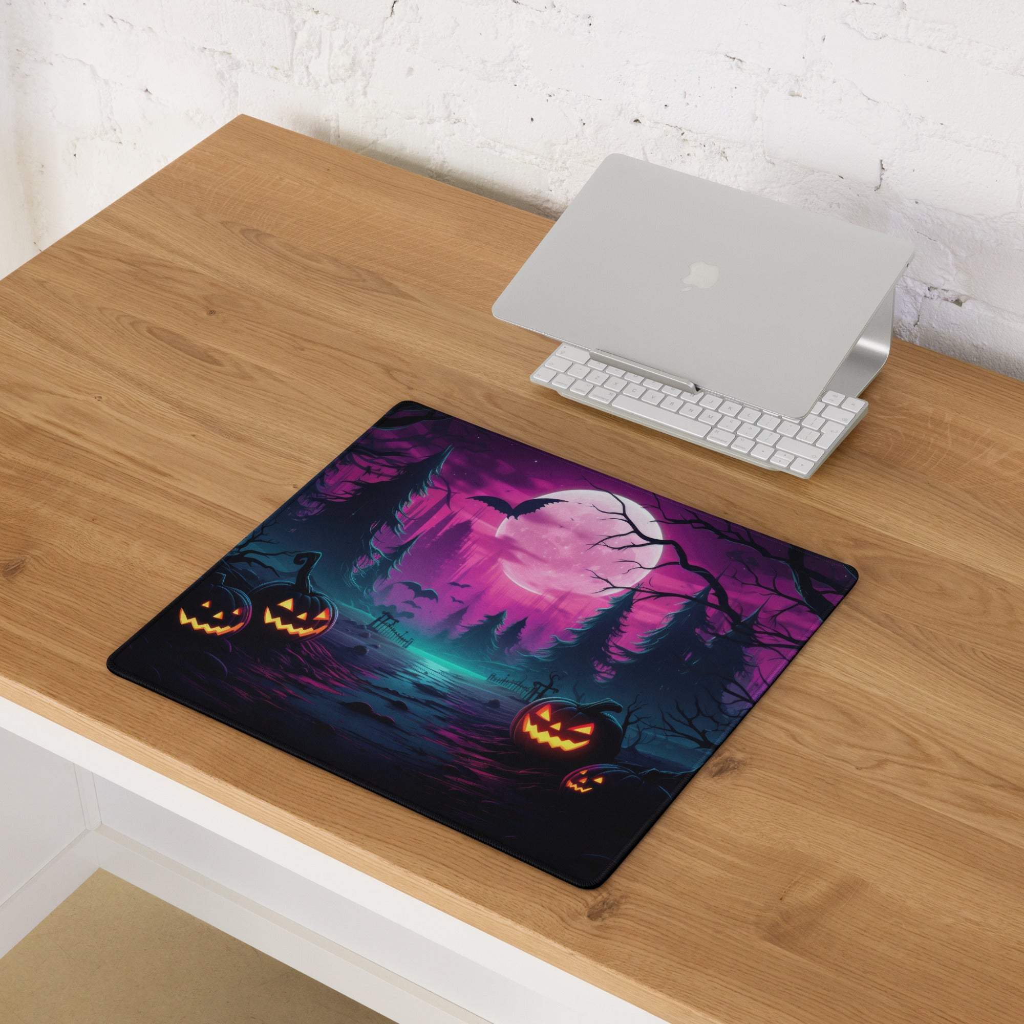 Neon Halloween forest gaming mouse pad with glowing jack-o-lanterns
