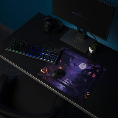 Halloween moonlit night gaming mouse pad with haunted house, jack o lanterns, purple orange glow, non-slip backing