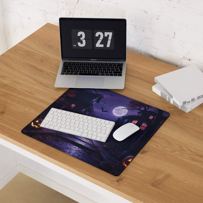 Halloween moonlit night gaming mouse pad with jack o lanterns, bats, haunted houses