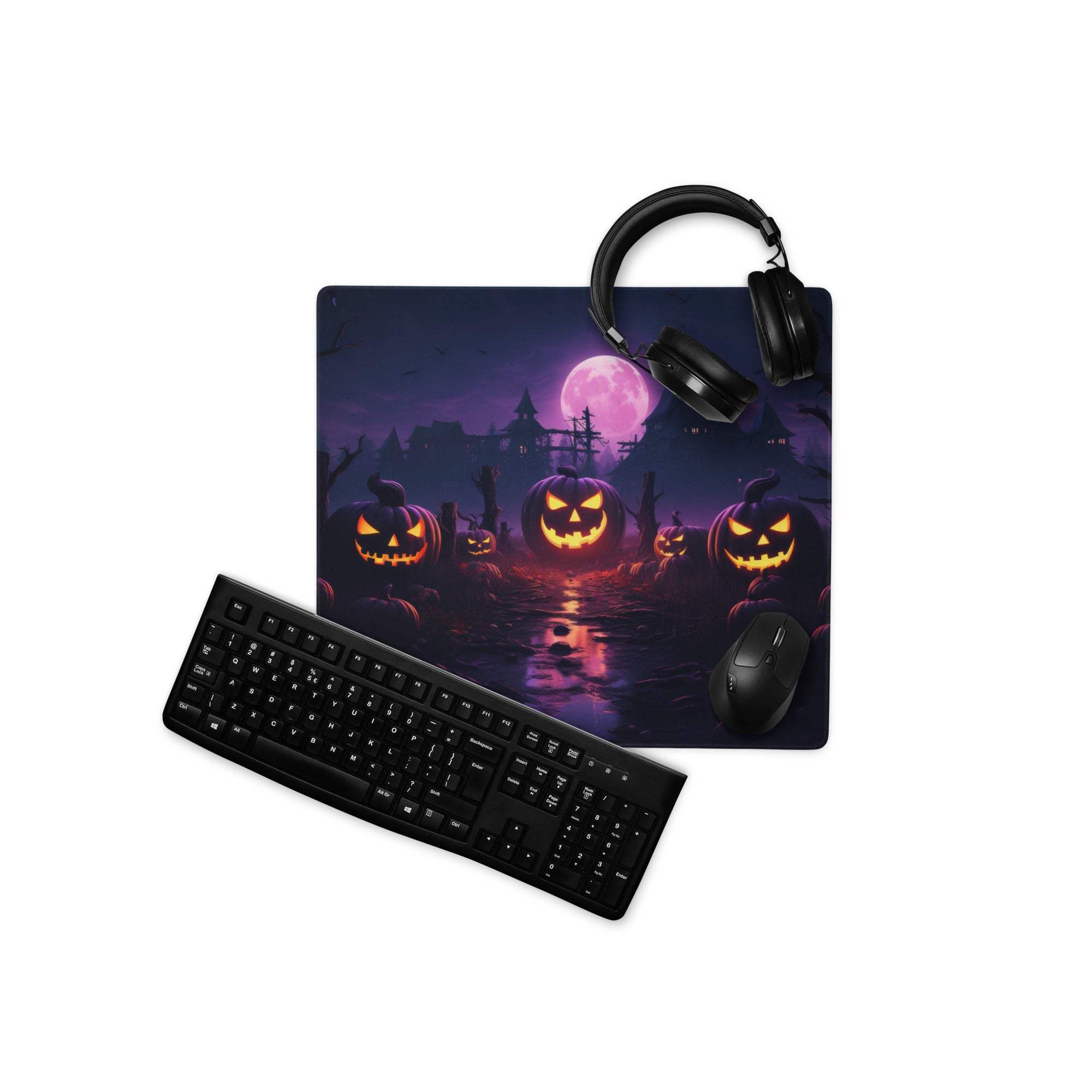 Halloween pumpkin night gaming mouse pad with glowing jack-o-lanterns purple moon