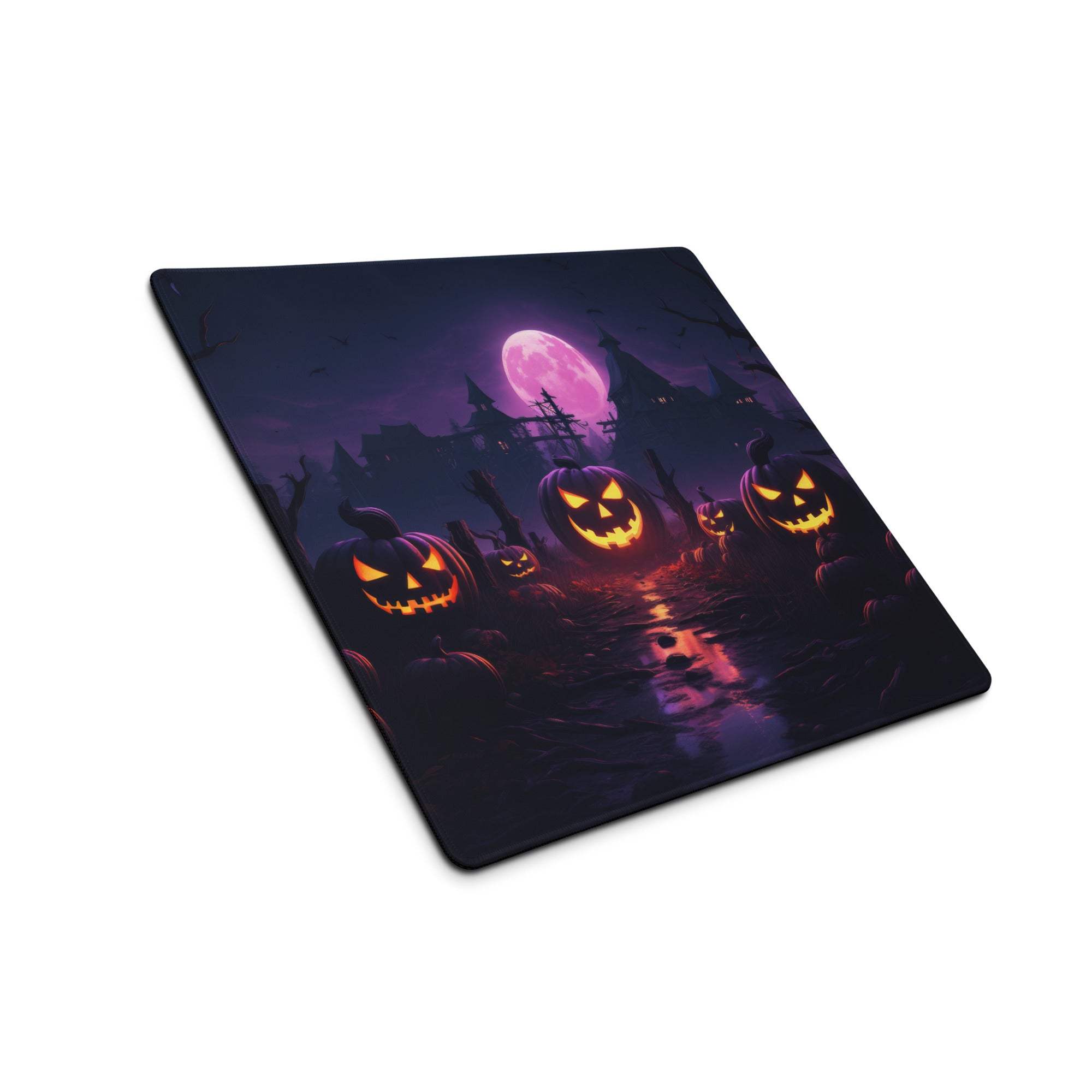 Halloween pumpkin night scene gaming mouse pad with glowing jack-o-lanterns pink moon purple black background large non-slip stitched