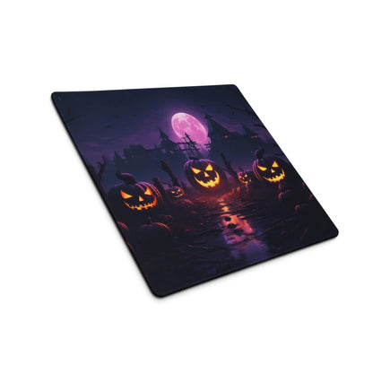 Halloween pumpkin night scene gaming mouse pad with glowing jack-o-lanterns pink moon purple black background large non-slip stitched