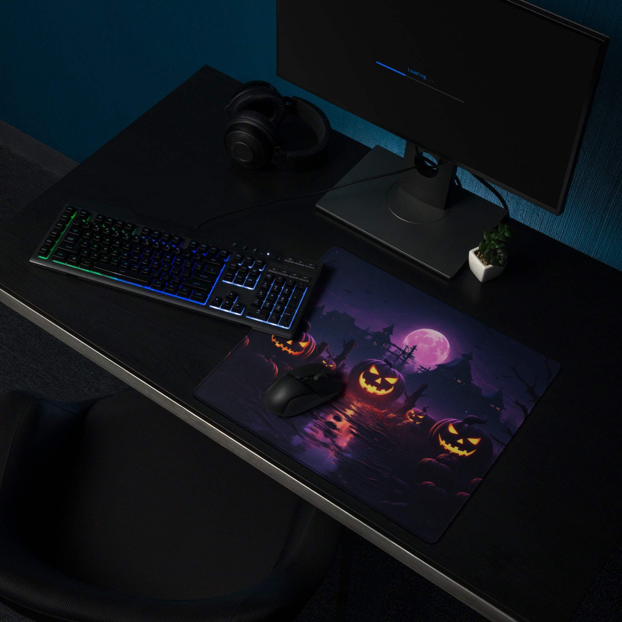 Halloween pumpkin night scene purple moonlight gaming mouse pad with glowing jack-o-lanterns