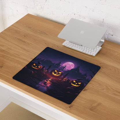 Halloween pumpkin night scene gaming mouse pad with purple moonlight glow