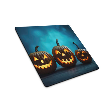Square Halloween mousepad with glowing jack-o-lanterns on dark blue backdrop