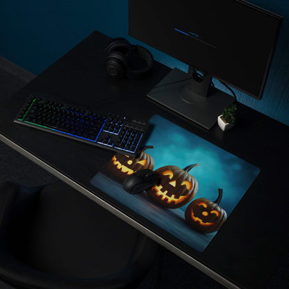 Halloween gaming mouse pad with glowing jack-o-lanterns on dark blue