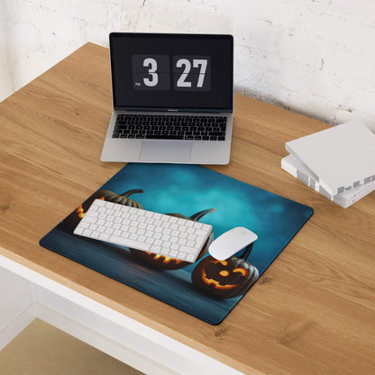 Halloween pumpkin carving gaming mouse pad with orange glow on dark blue
