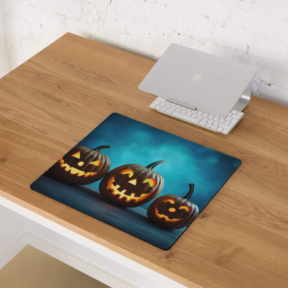 Halloween jack-o-lantern gaming mouse pad with orange glow on dark blue