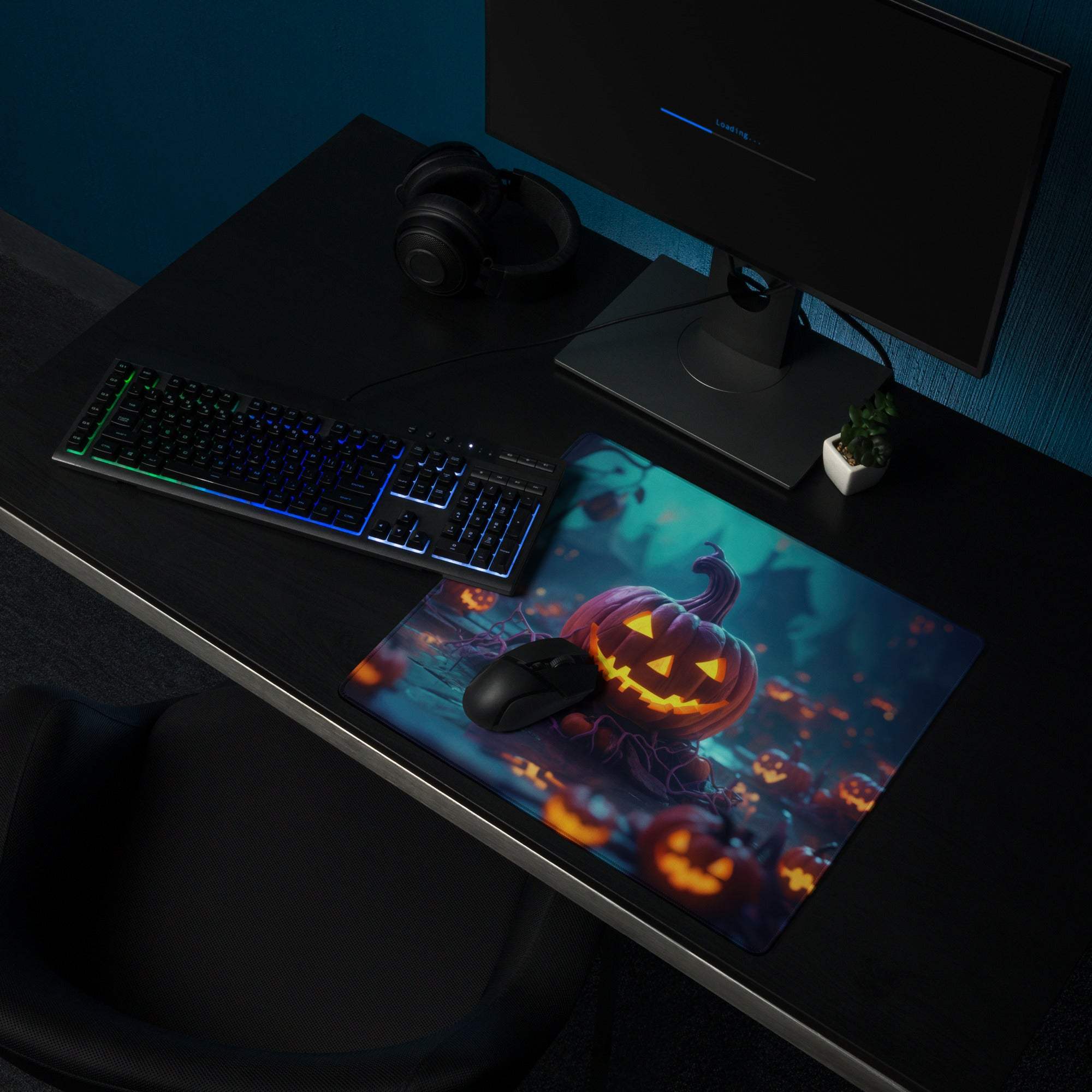 Halloween pumpkin glow large gaming mouse pad with non-slip backing