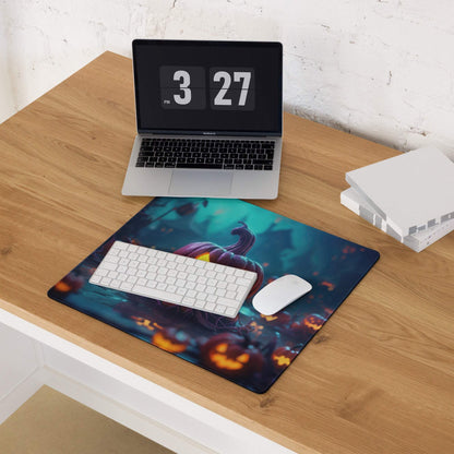 Halloween pumpkin glow gaming mouse pad with teal orange jack-o-lanterns